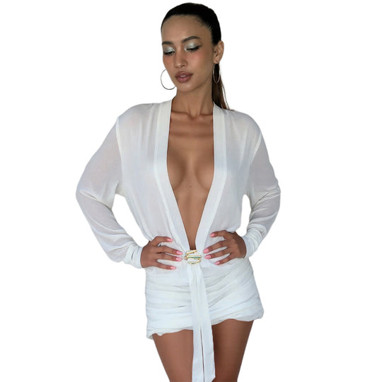 Damen Wickelbluse mit eleganter Raffung und buntem Broschenverschluss EB