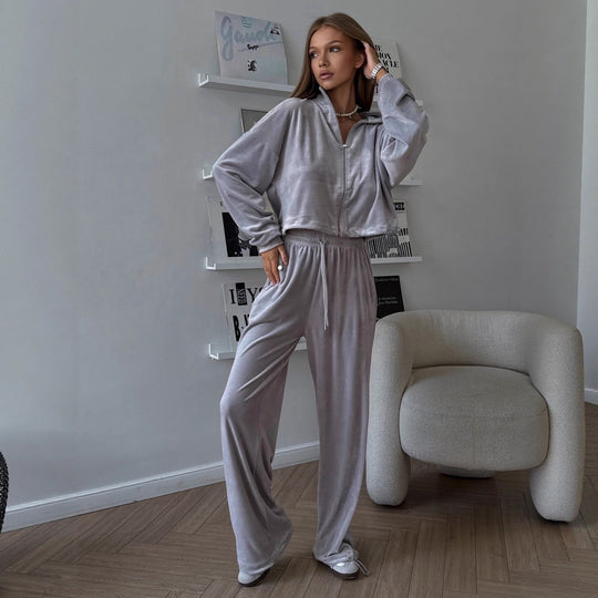 Damen Samt-Loungewear-Set mit kurzem Reißverschluss-Sweater und weitem Kordelzug-Hose EB