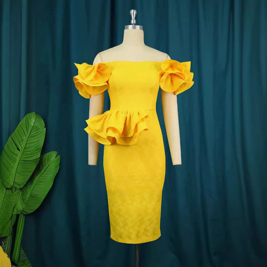Damen figurbetontes Cocktailkleid mit voluminösen Rüschenärmeln EB