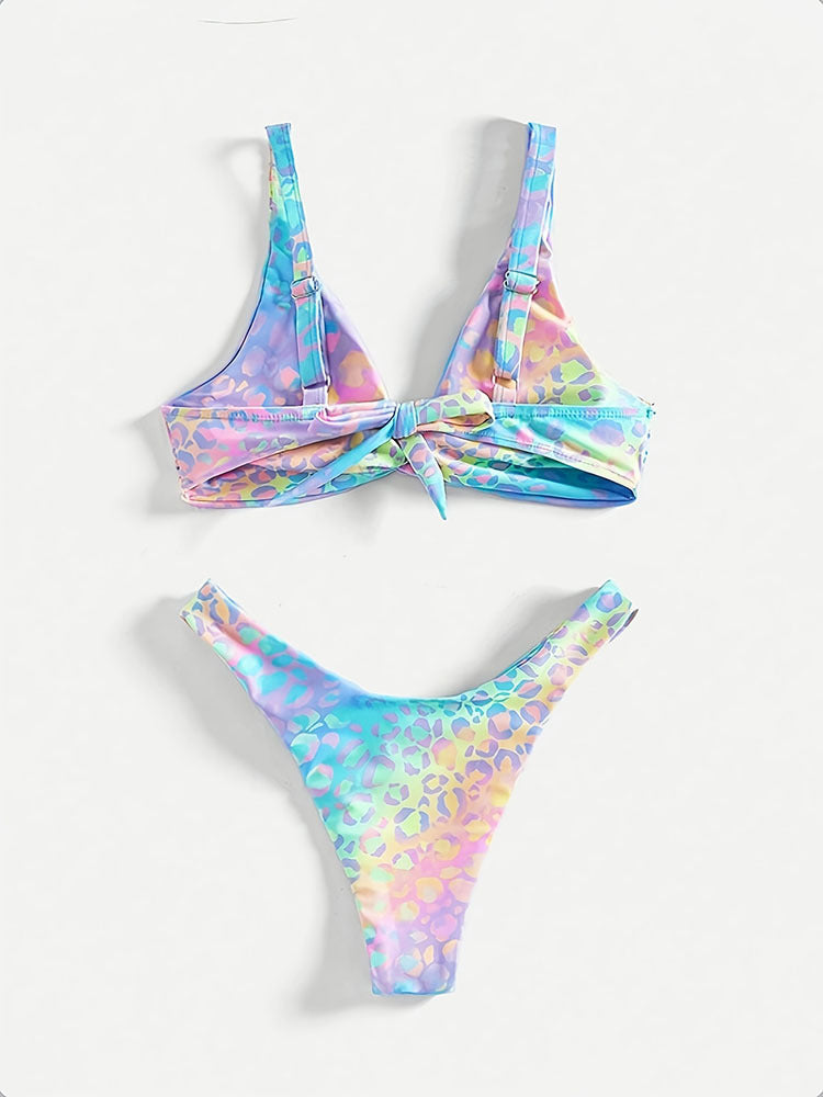 Damen Dreiecks-Bikini mit verspieltem Leopardenmuster und Knotendetail EB