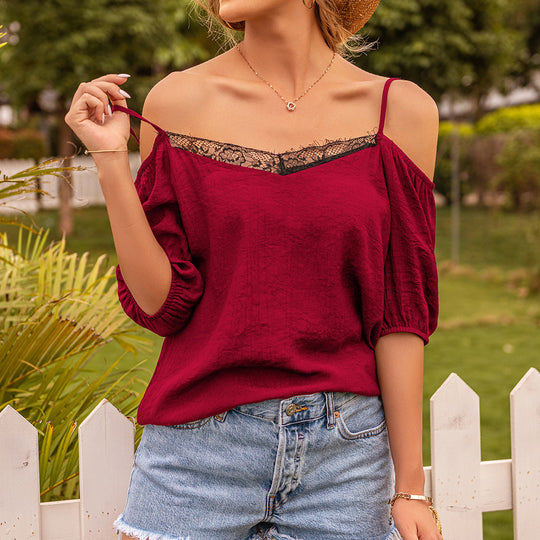 Damen Off-Shoulder Bluse mit Spitze und Volantärmel EB