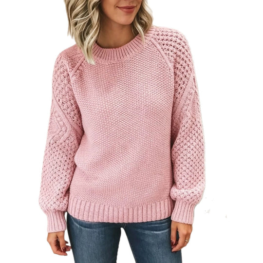 Damen Grobgestrickter Rundhals-Pullover mit Ajour- und Zopfmusterärmeln EB