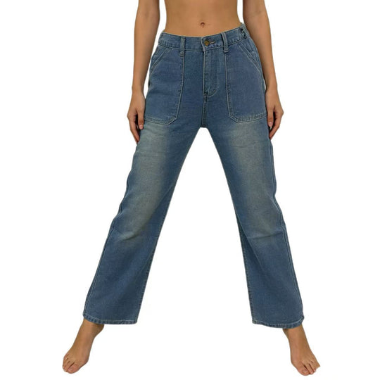 Damen nan hochgeschnittene Relaxed-Jeans mit geradem Bein und aufgesetzten Fronttaschen EB