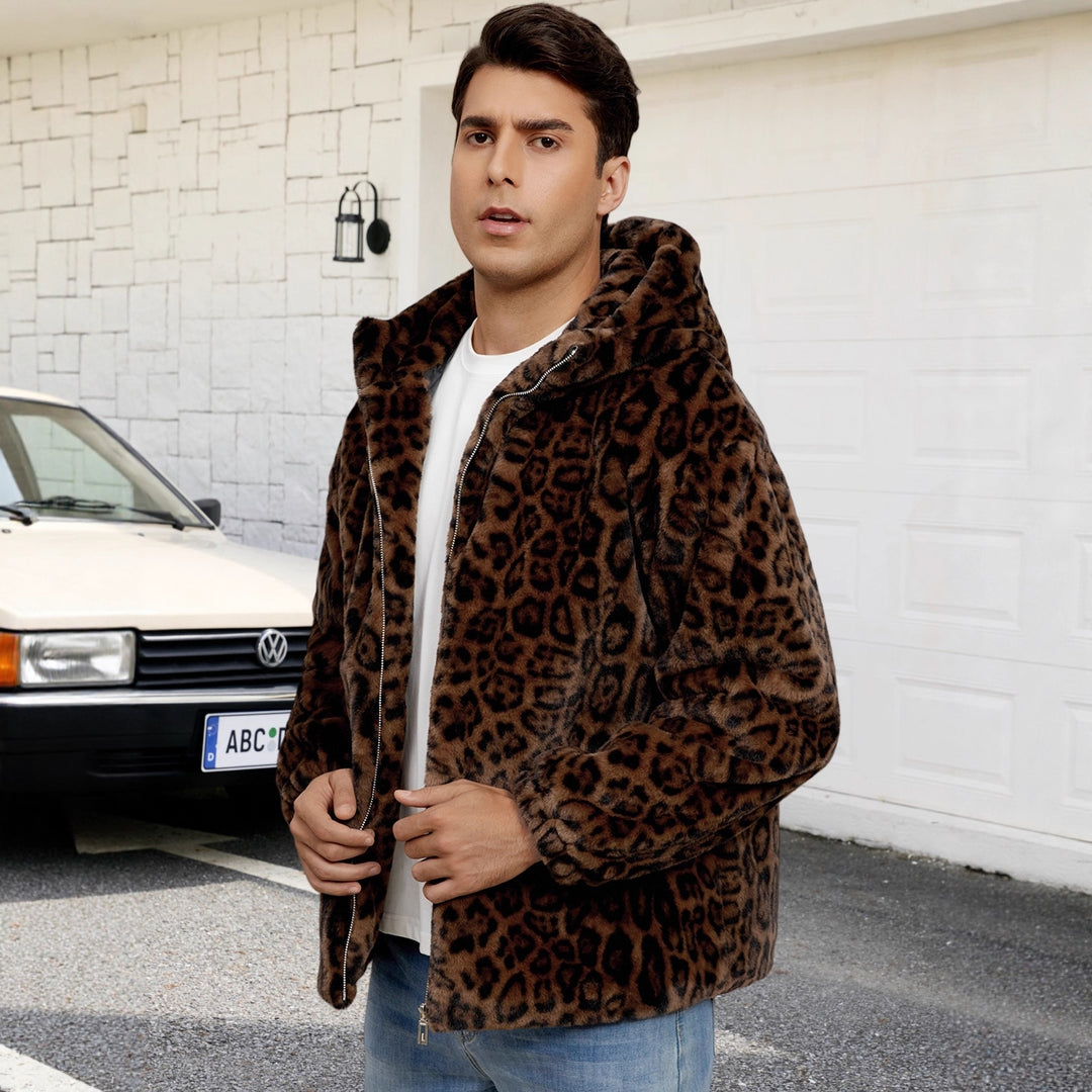 Herren Flauschige Kunstpelzjacke mit modischem Leopardenmuster EB