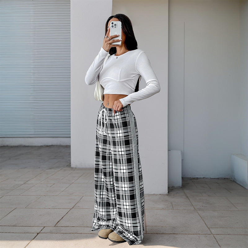 Damen weite Freizeithose mit Karo-Muster und verstellbarem Bund EB