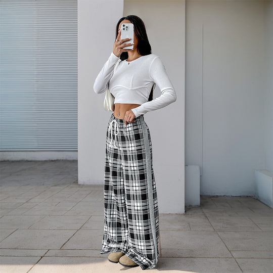 Damen weite Freizeithose mit Karo-Muster und verstellbarem Bund EB