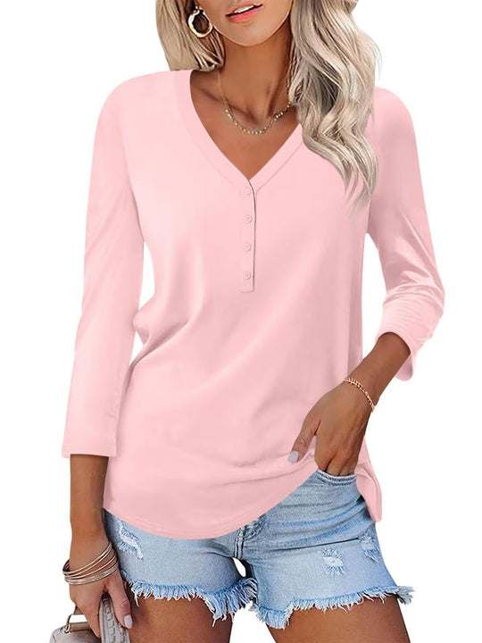 Damen Langarm T-Shirt mit Knopfleiste und V-Ausschnitt EB