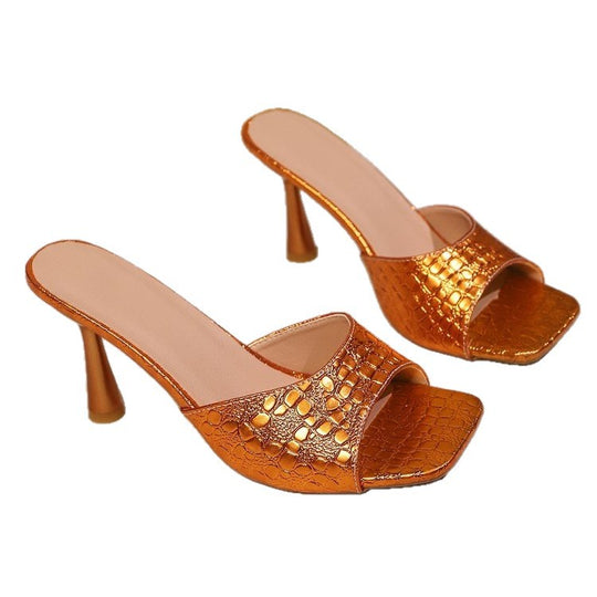 Damen Glamouröse High Heel Sandalen mit funkelnder reptilienstruktur EB