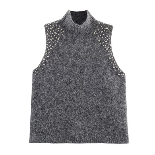 Damen ärmelloses Strickoberteil mit eleganten Perlenverzierungen EB