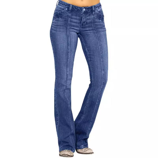 Damen nan weite Schlagjeans mit hochgeschnittener Taille, figurbetontem Hüftschnitt und elastischem Denim EB