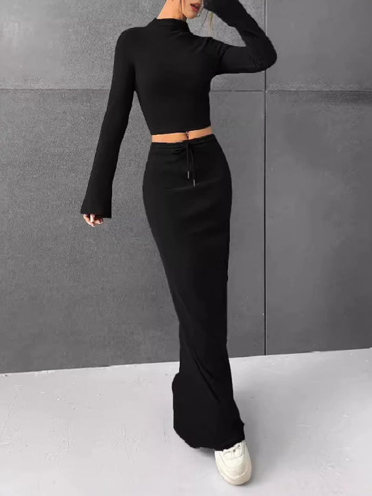Damen Elegantes und komfortables Crop-Top mit langem Ärmel und Maxi-Rock EB