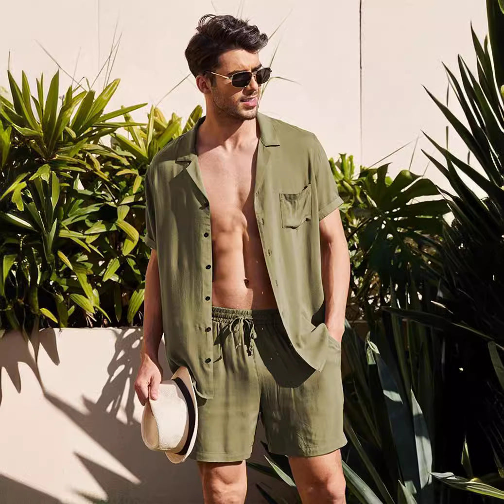 Herren nan zweiteiliges Sommer-Freizeitensemble mit offenem Revershemd und elastischer Kurzhose EB