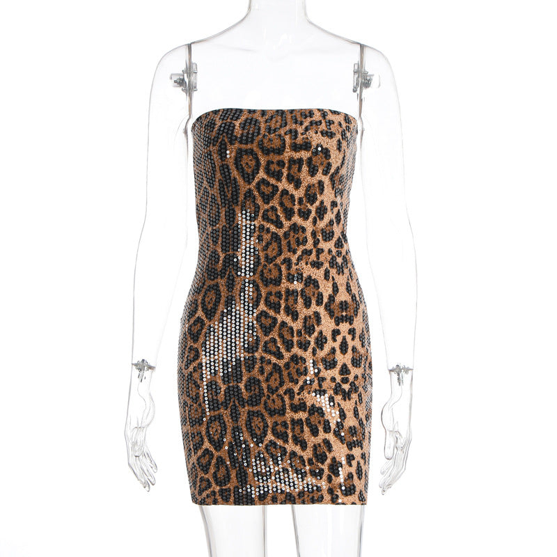 Damen Glitzerndes Minikleid mit Leopardenmuster und Spaghettiträgern EB