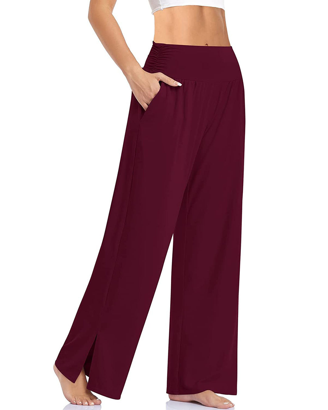 Damen nan weite Yogahose mit hohem Komfortbund, seitlichen Eingrifftaschen und seitlichem Bein-Schlitz EB