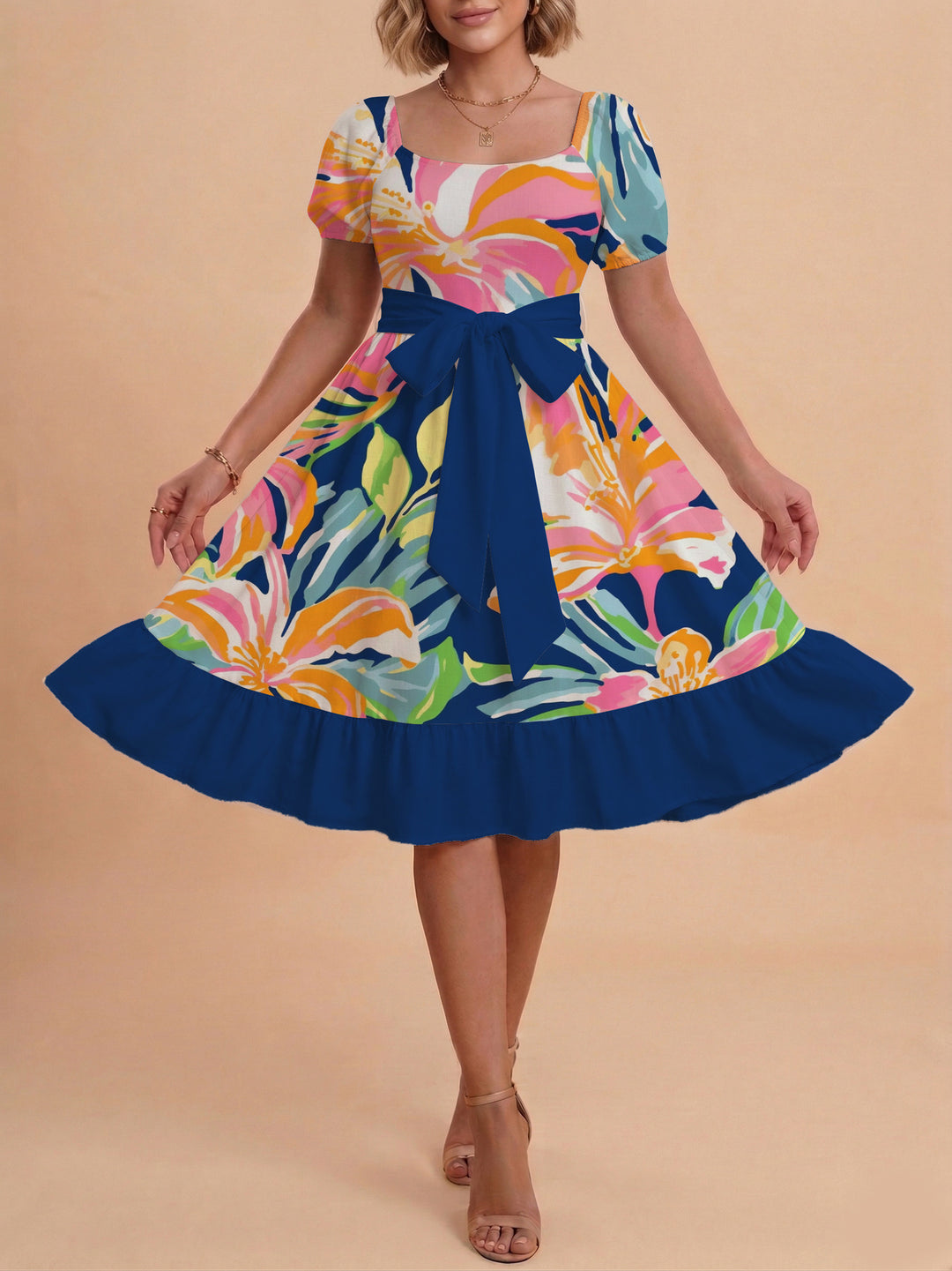 Damen modernes Blumenkleid mit elegantem Taillengürtel und asymmetrischem Saum EB