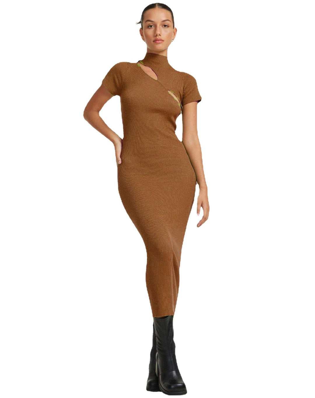 Damen figurbetontes Strickkleid mit asymmetrischem Ausschnitt und hohem Kragen EB