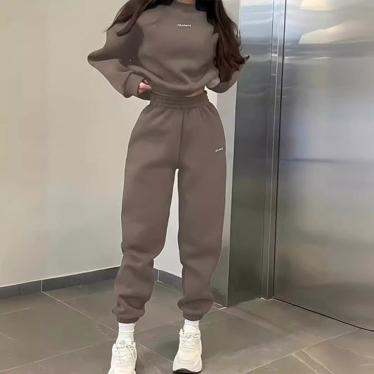 Damen nan Oversized kurz geschnittenes Sweatshirt mit High Waist Fleece Jogginghose Set EB