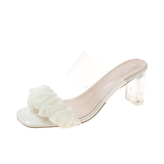 Damen Mules mit transparentem Blockabsatz und Rüschenakzent EB
