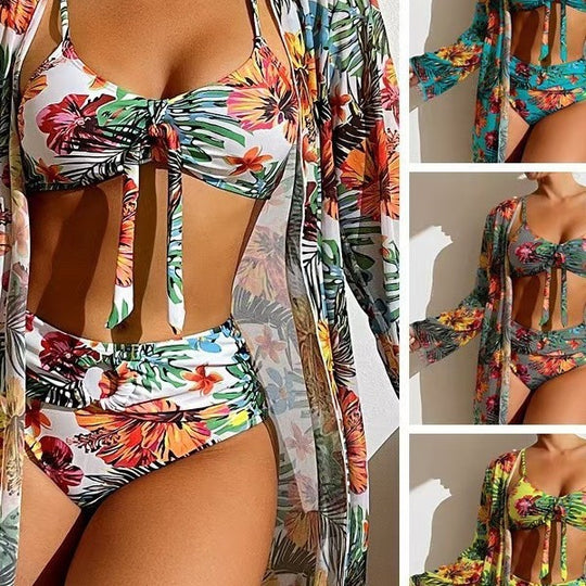Damen Bikini-Set mit floralen Mustern und luftiger Kimono-Überjacke EB
