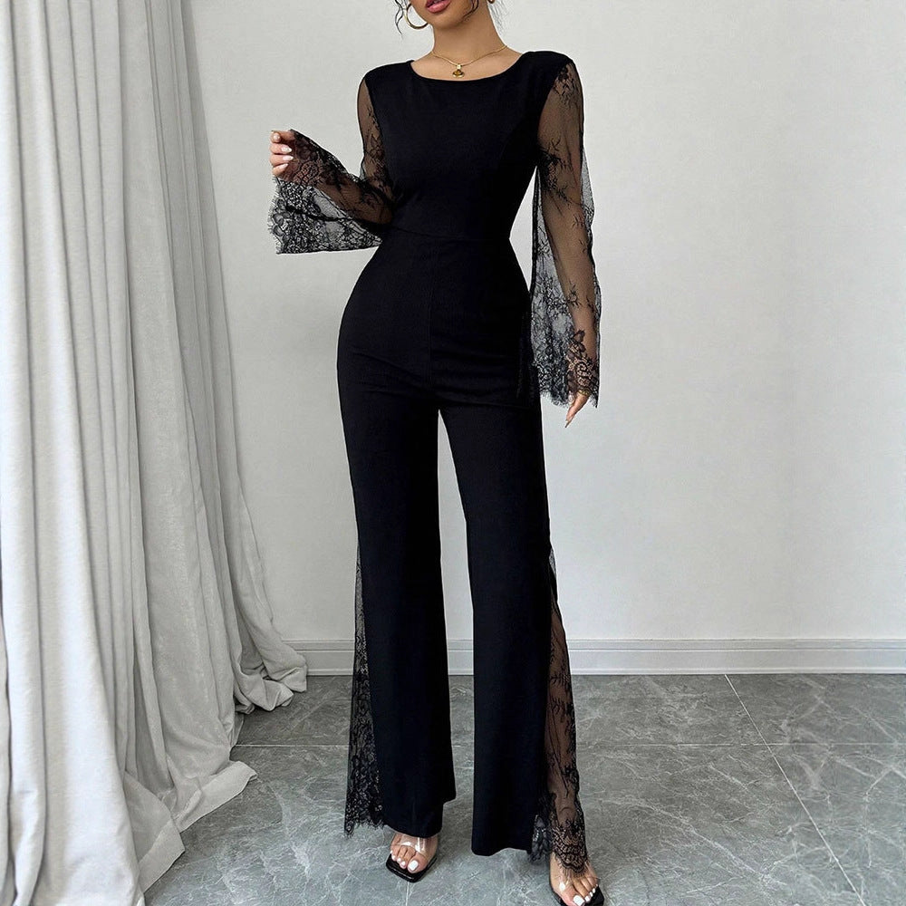 Damen Eleganter Jumpsuit mit schimmernder Spitze und weitem Bein EB