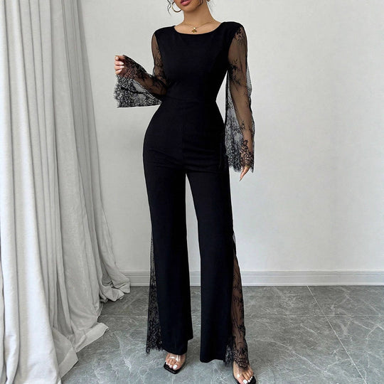 Damen Eleganter Jumpsuit mit schimmernder Spitze und weitem Bein EB