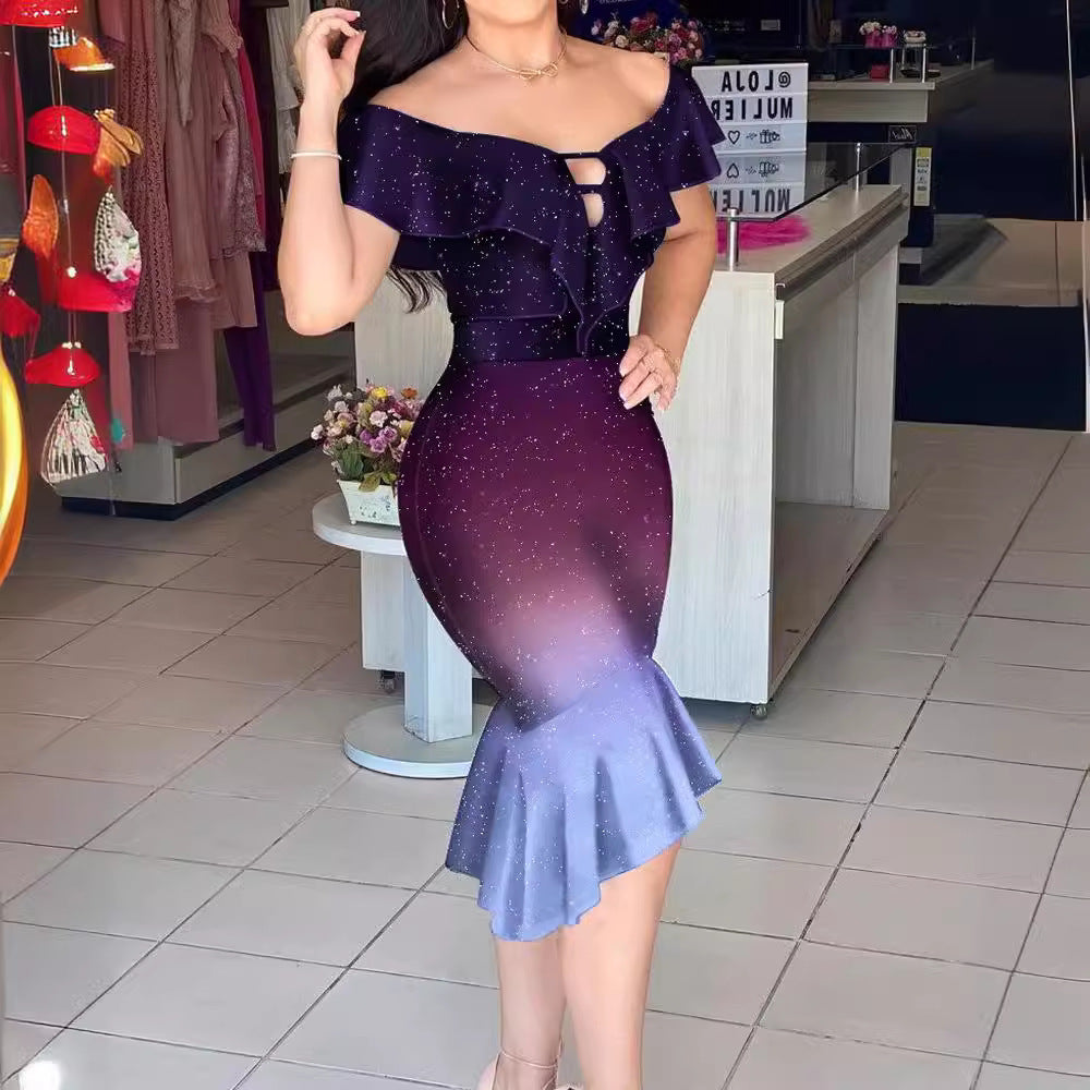 Damen Glitzerndes Midi-Kleid mit Rüschen und Schlitz EB