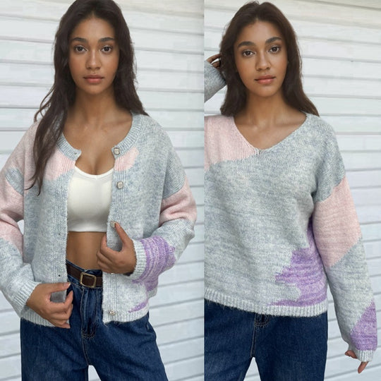 Damen kreativer Strickpullover mit asymmetrischem Ausschnitt und buntem Design EB