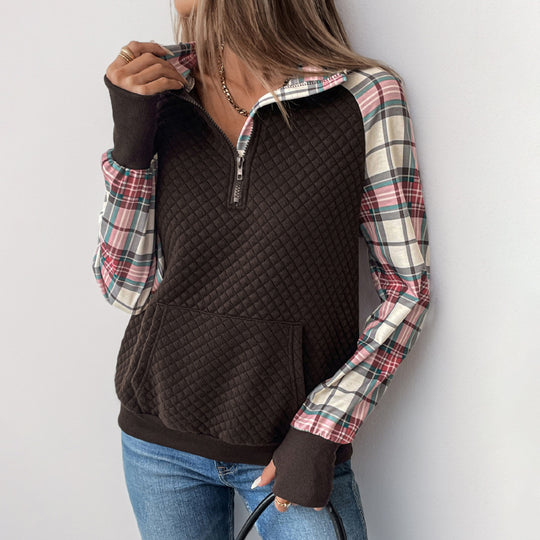 Damen lässiger Fleece-Pullover mit Karomuster und praktischen Kängurutaschen EB