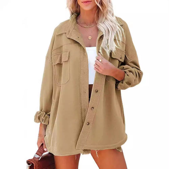Damen Oversized Freizeitjacke mit praktischen Taschen und stylischen Druckknöpfen EB