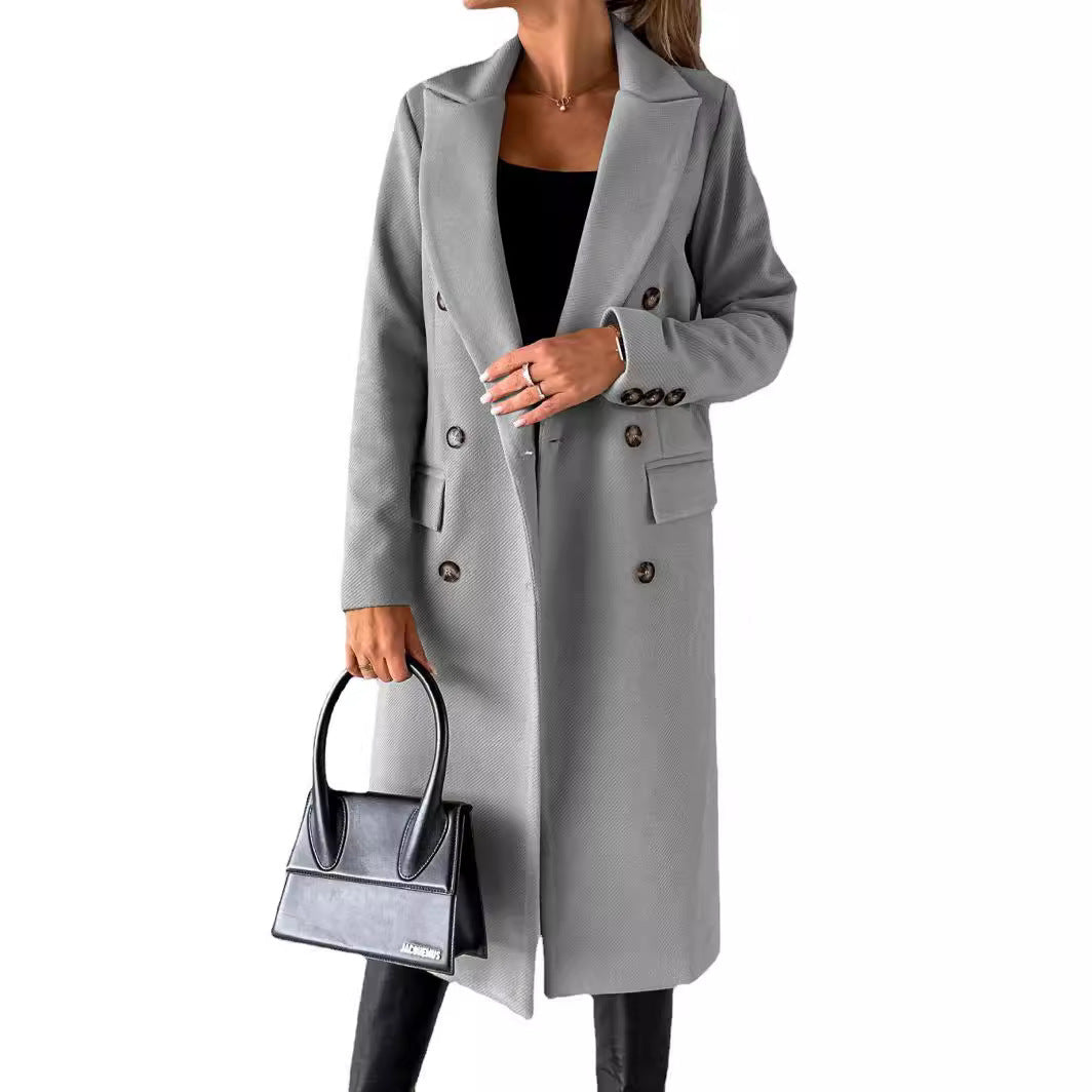Damen nan klassischer langer Doppelreiher Mantel mit Reverskragen und Pattentaschen EB