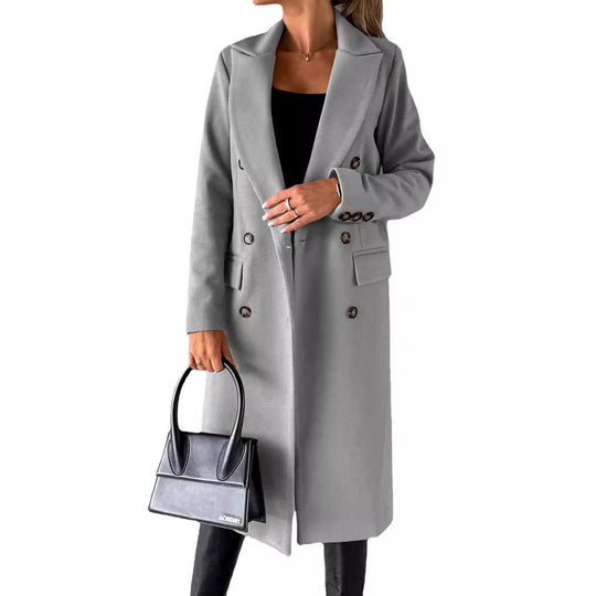 Damen nan klassischer langer Doppelreiher Mantel mit Reverskragen und Pattentaschen EB