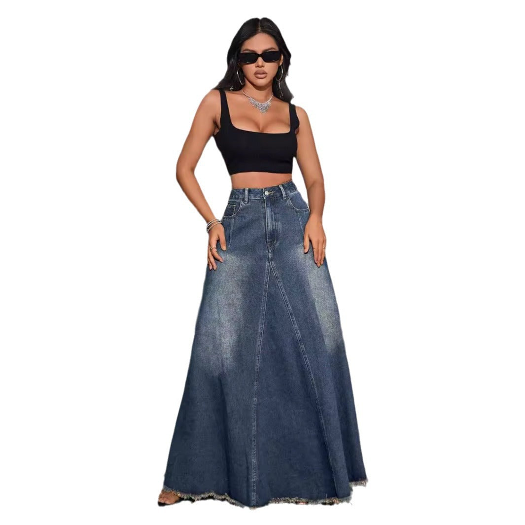 Damen langer Jeansrock mit fransigem Saum EB