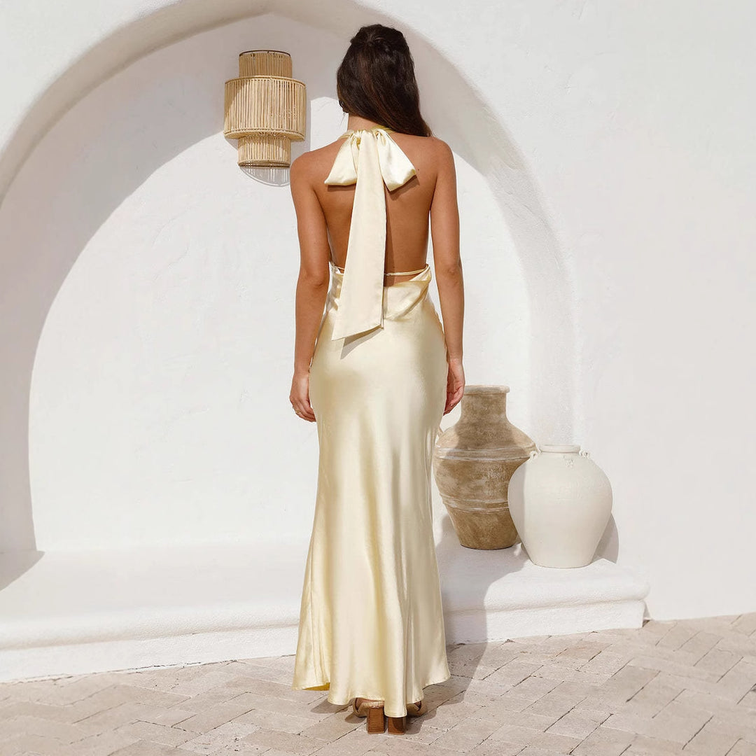 Damen Elegantes Wickelkleid mit schimmerndem Satin-Oberteil und tiefem V-Ausschnitt EB