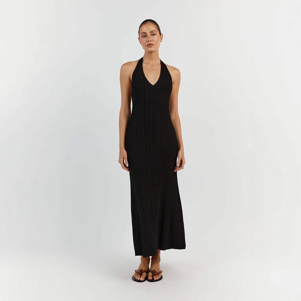 Damen Maxikleid mit raffiniertem Rippdesign und elegantem V-Ausschnitt EB