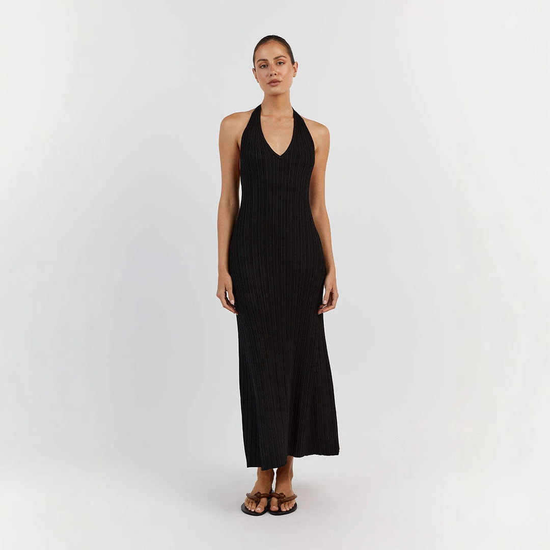 Damen Maxikleid mit raffiniertem Rippdesign und elegantem V-Ausschnitt EB
