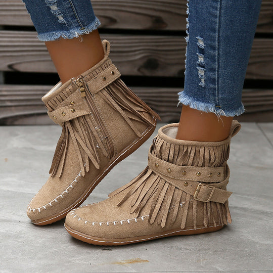 Damen Moccasin-Stiefeletten mit Fransen und dekorativem Schnallen-Design EB