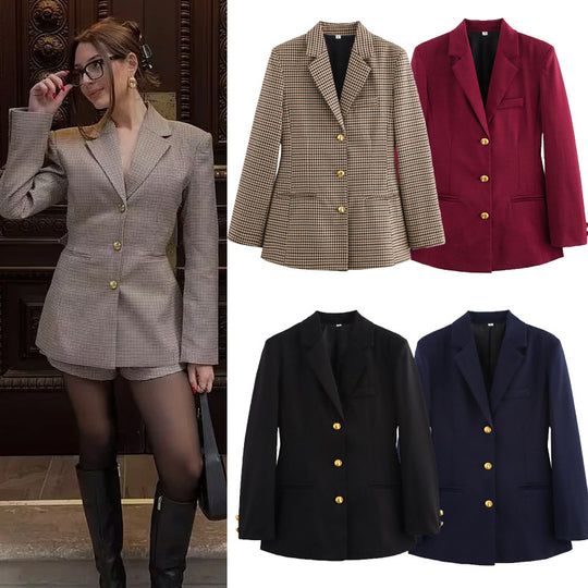 Damen moderne kariert Blazerjacke mit goldenen Knöpfen EB