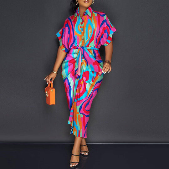 Damen Denim-Midi-Kleid mit einzigartigem Patchwork-Design und Taillengürtel EB