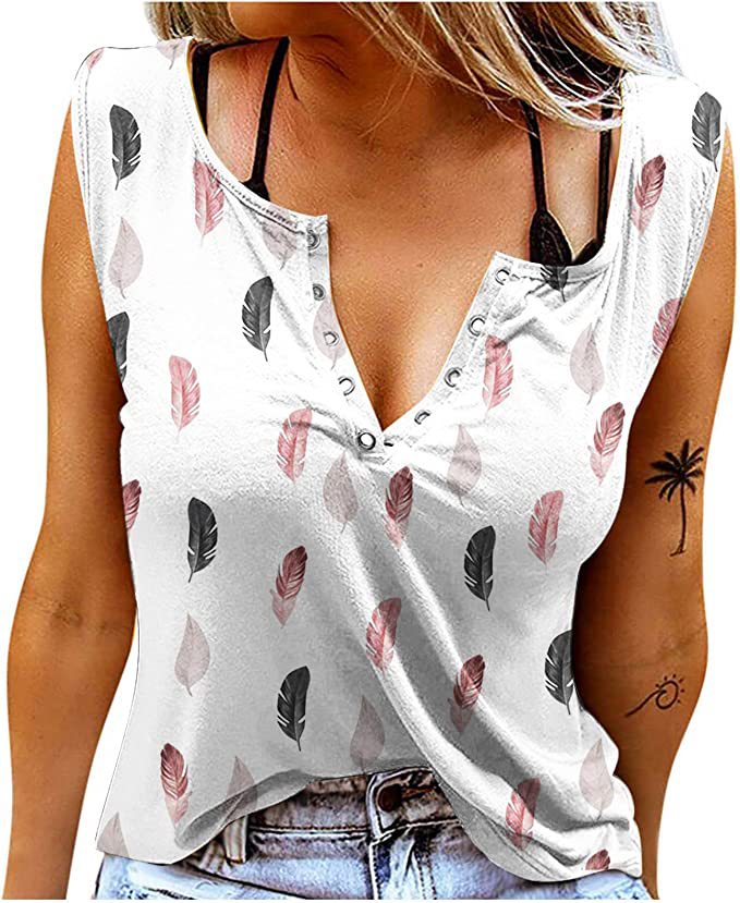 Damen Knopfleisten T-Shirt mit Federmuster EB