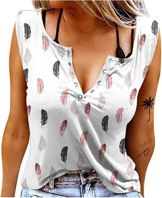 Damen Knopfleisten T-Shirt mit Federmuster EB