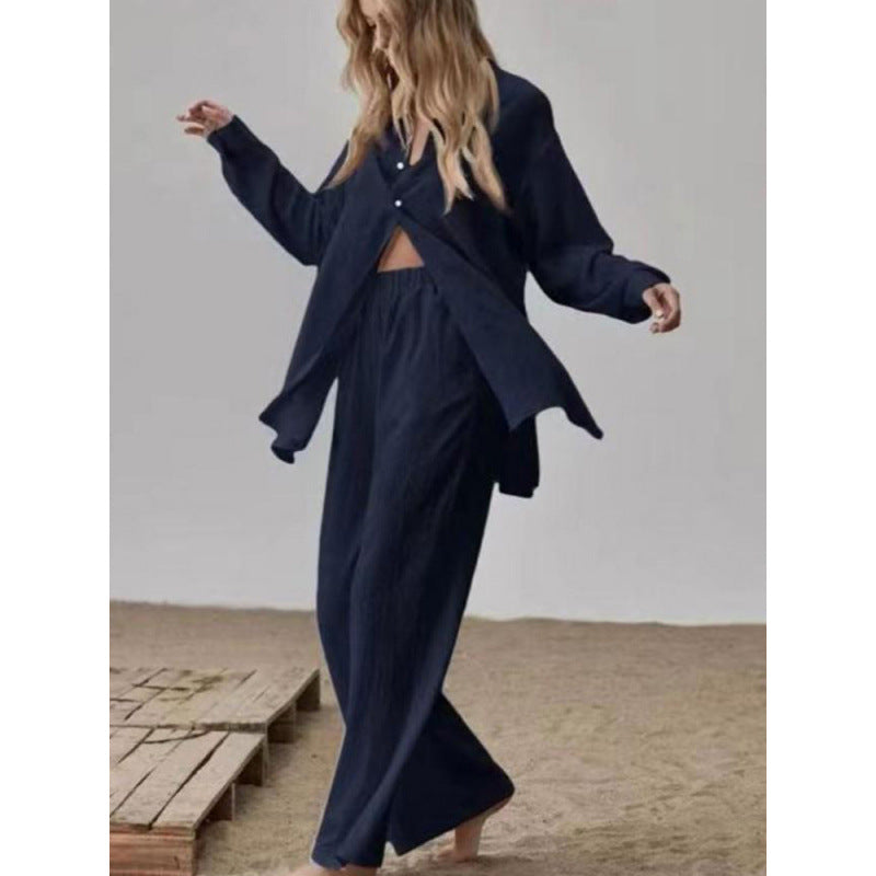 Damen Satin Pyjama Set mit langärmliger Bluse und weiten Hosen EB