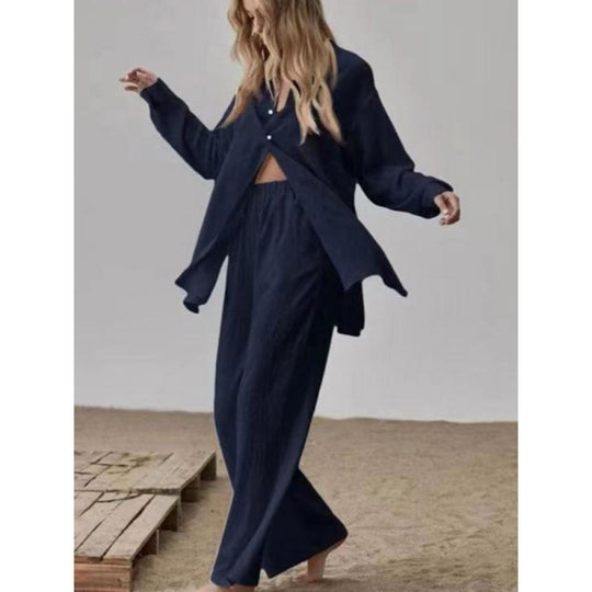 Damen Satin Pyjama Set mit langärmliger Bluse und weiten Hosen EB