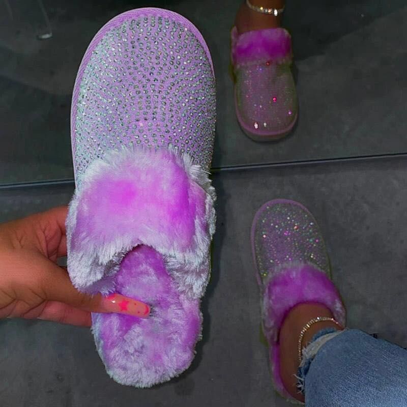 Damen Glamouröse Hausschuhe mit Glitzer und weichem Fell EB