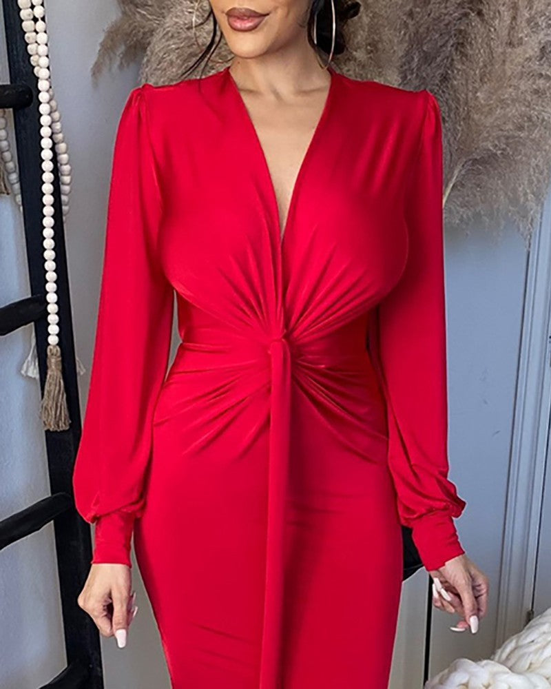 Damen Elegantes Abendkleid mit tiefem V-Ausschnitt und Schlitz EB