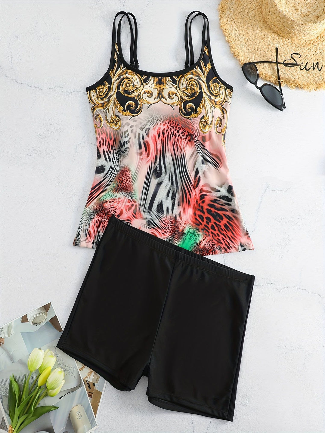 Damen Sportliches Tankini-Set mit modischem Animal-Print und Boxershorts EB