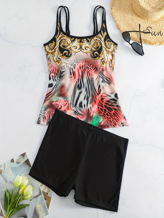 Damen Sportliches Tankini-Set mit modischem Animal-Print und Boxershorts EB