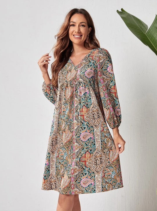 Damen Freizeitkleid mit tiefem V-Ausschnitt und langen Ärmeln EB