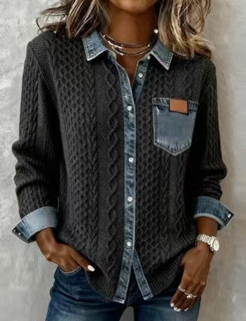 Damen nan geflochtener Strickpullover mit integriertem Jeanskragen und Brusttasche EB