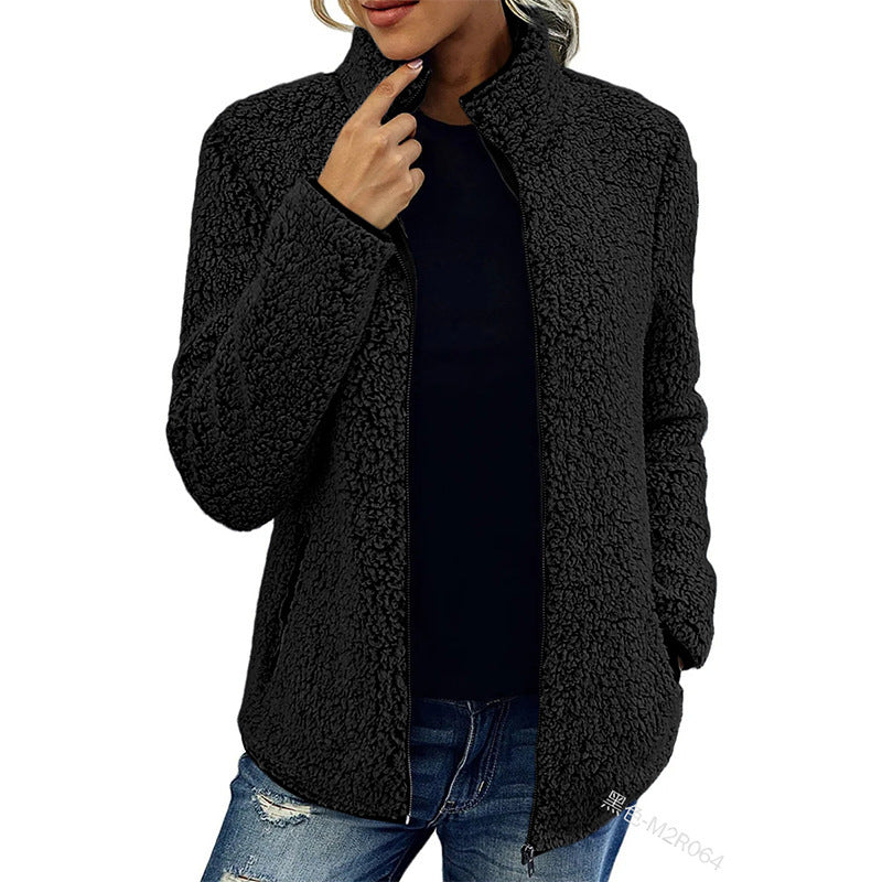 Damen Flauschige Fleecejacke mit hohen Kragen und seitlichen Taschen EB