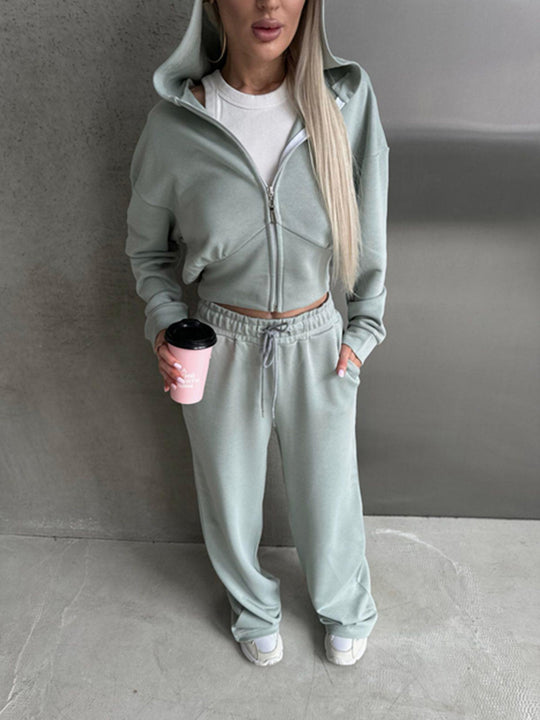Damen kurzes Reißverschluss-Cropped-Hoodie mit hoher Bund Palazzo-Jogginghose Set EB
